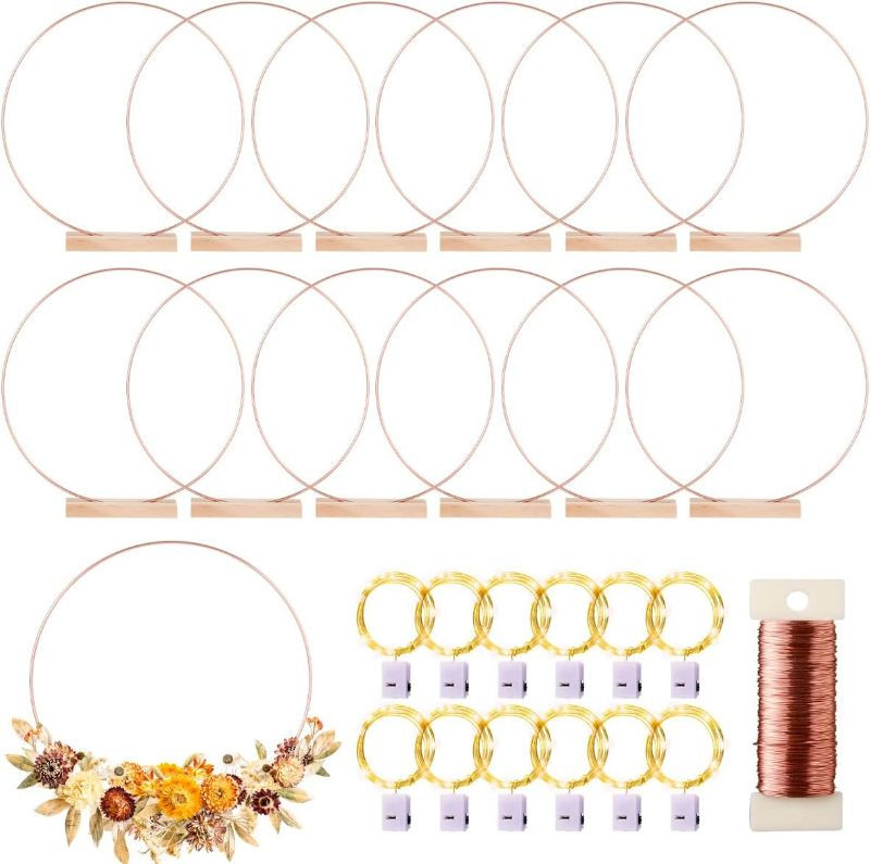 Photo 1 of 12 Pack Floral Hoop with Stand and LED Fairy Lights 18 inch Metal Rings for DIY Centerpiece Table Decorations Crafts Macrame Rings Hoop Wreath Dream Catcher Rings Wedding Christmas Wreaths, Rose Gold
