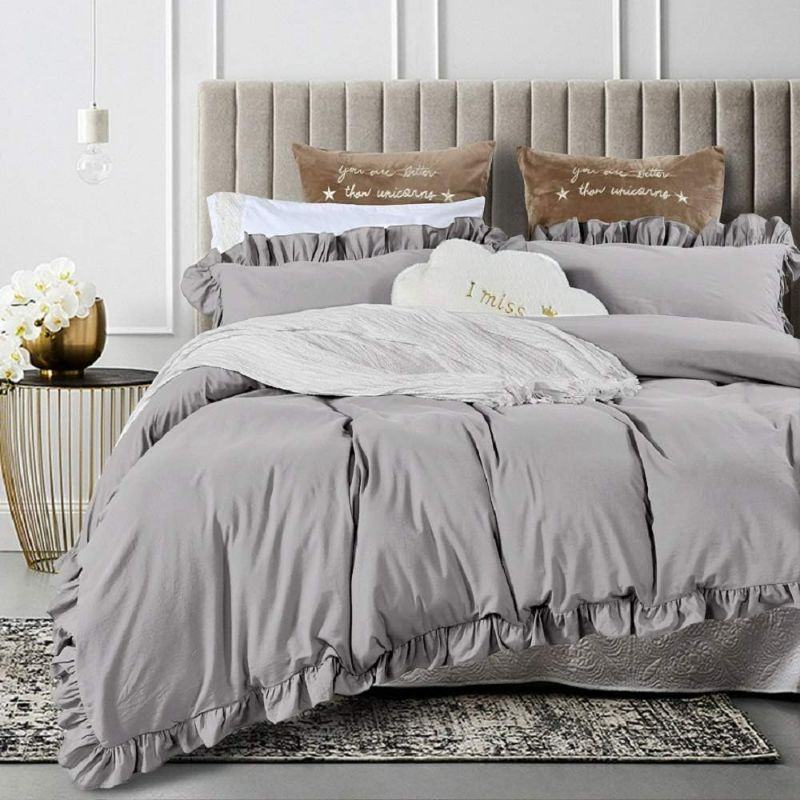 Photo 1 of QSH Light Grey Washed Cotton Ruffle Queen Duvet Cover Set,Farmhouse Cute Aesthetic Shabby Bedding Comforter Quilt Cover Gray Summer Elegant Vintage French Country Style Super Soft 3 Pieces
