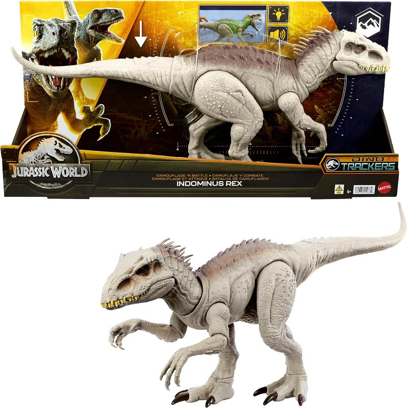Photo 1 of Jurassic World Indominus Rex Dinosaur Toy with Lights, Sounds, Chomp and Side to Side Neck Motion, Camouflage N Battle I-Rex, Digital Play
