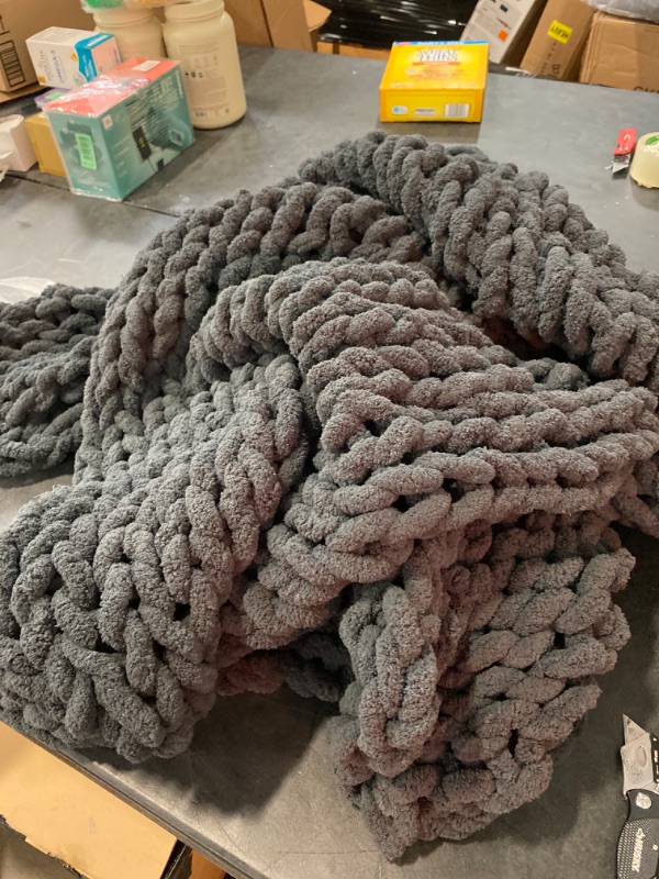 Photo 2 of Bedfolks Chunky Knit Blanket Throw - Dark Grey Jumbo Chenille Yarn 100% Hand Knit, Soft and Fluffy Chenille for Couch, Sofa, Bed, Home Decor, 50" x 60"
