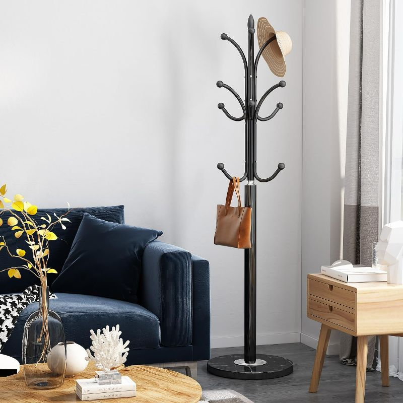 Photo 1 of GAMNOF Black Coat Rack ?Freestanding, Metal Coat Rack Coat Hanger Stand, Entryway Tree Coat Rack Stand, High-grade Hat Tree with 12 Hooks & Natural Marble Base
