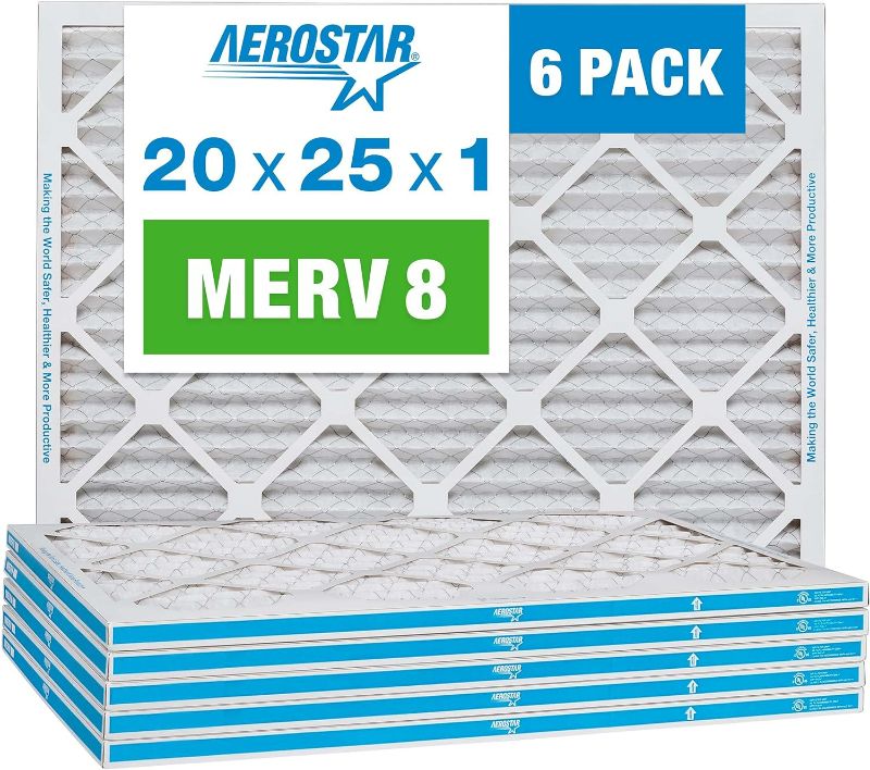 Photo 1 of Aerostar 20x25x1 MERV 8 Pleated Air Filter, AC Furnace Air Filter, 6 Pack (Actual Size: 19 3/4"x 24 3/4" x 3/4")
