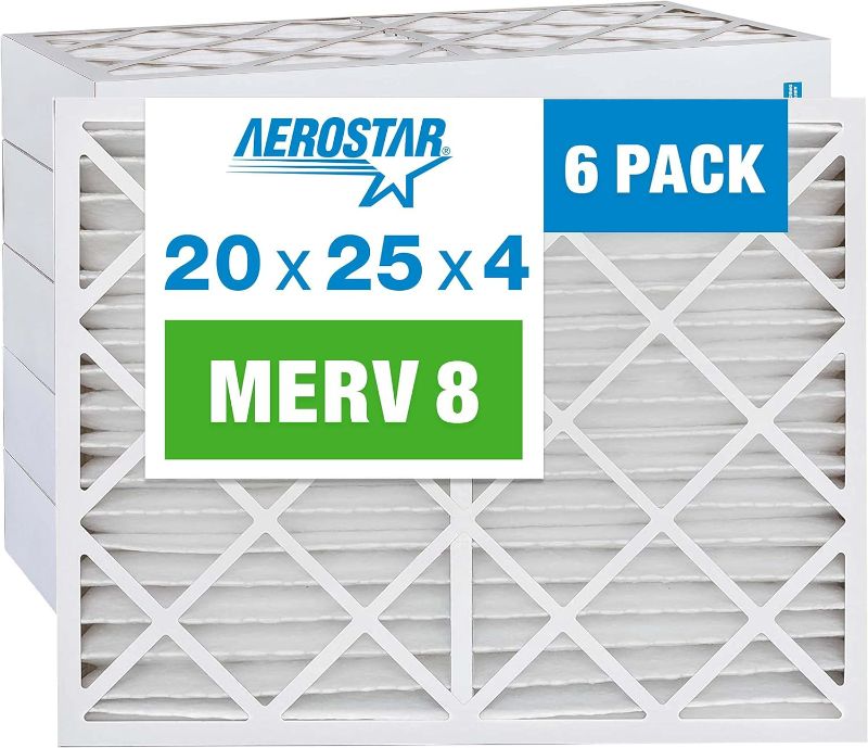 Photo 1 of Aerostar 20x25x4 MERV 8 Pleated Air Filter, AC Furnace Air Filter, 6 Pack (Actual Size: 19 1/2"x24 1/2"x3 3/4"), White
