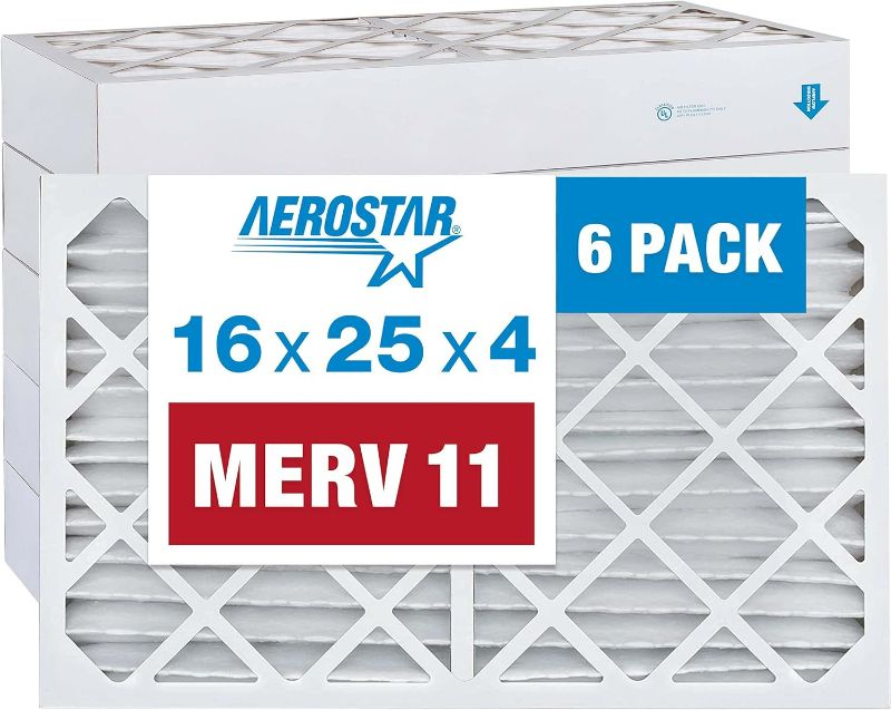 Photo 1 of Aerostar 16x25x4 MERV 11 Pleated Air Filter, AC Furnace Air Filter, 6 Pack (Actual Size: 15 1/2"x24 1/2"x3 3/4")
