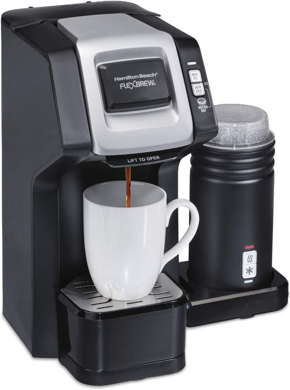 Photo 1 of Hamilton Beach FlexBrew Single-Serve Coffee Maker with Milk Frother Compatible with K-Cup Pods and Grounds, 1cups, Black 