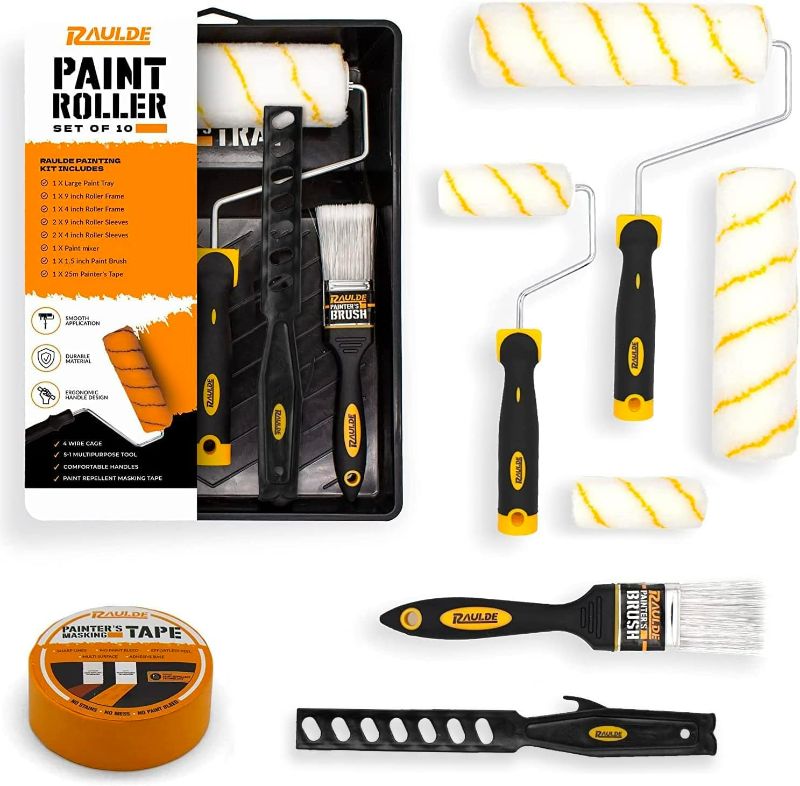 Photo 1 of Raulde Paint Roller Set of 10 Pieces - Includes a Paint Tray, Brush, Large and Mini Rollers & Sleeves, Paint Repellent Masking Tape, Multipurpose Scraper - Roller Set for Painting Walls
