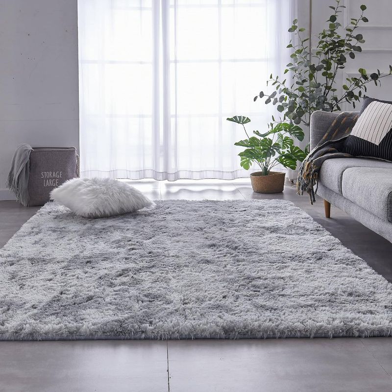 Photo 1 of Luxury Shag Area Rug,  Tie Dyed Light Grey Rectangle Plush Fuzzy Rugs, Non-Slip Shaggy Furry Carpets for Kids Room Bedroom