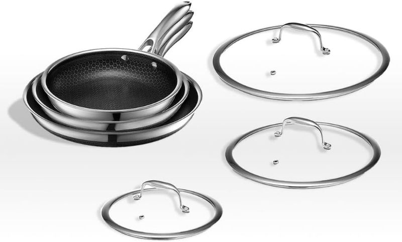 Photo 1 of HexClad Hybrid Nonstick 6-Piece Fry Pan Set, 8, 10 and 12-Inch Frying Pans with Tempered Glass Lids, Stay-Cool Handles, Dishwasher and Oven Safe, Induction Ready, Compatible with All Cooktops
