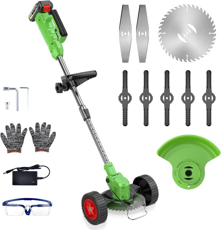 Photo 1 of Cordless Lawn Trimmer Weed Wacker - Apiuek 21V Lawn Mower Grass Edger with One 2.0Ah Li-Ion Battery Powered & Cutting Blade Types, Compact Power Tool for Lawn Yard Work
