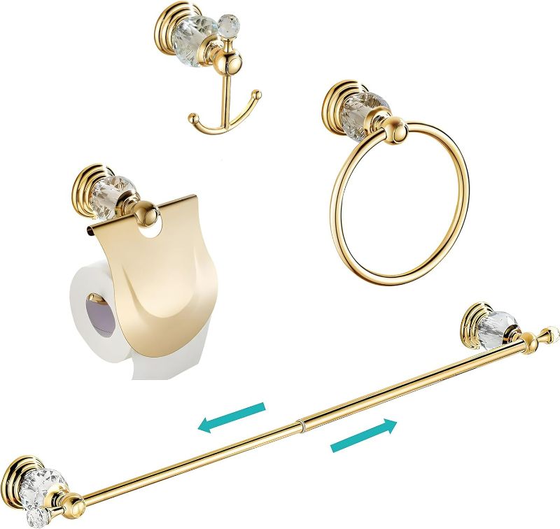 Photo 1 of WINCASE Gold Bathroom Accessories, Adjustable Crystal Towel Bar Set, Golden Hardware Set Hand Towel Ring Racks Paper Holder Hook Wall Mounted

