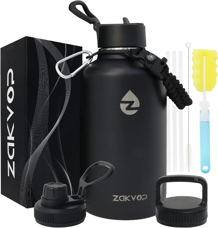 Photo 1 of ZAKVOP 64 oz Insulated Water Bottle with Straws&3 Lids, Half Gallon Water Bottle Stainless Steel Double Walled, Big Water Jug with Paracord Handle, Large Metal Water Bottle for Gym
