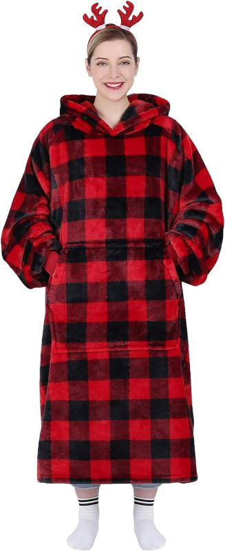 Photo 1 of Waitu Wearable Blanket Hoodie Sweatshirt Gifts for Adult and Child, Warm and Cozy Giant Hoodie Blanket for Women and Men, Flannel Blanket with Sleeves - Red and Black Plaid
