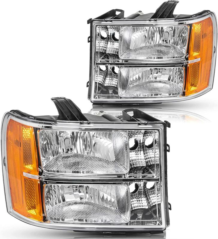 Photo 1 of Headlights Assembly Kit Compatible with 2007-2013 GMC Sierra 1500/2007-2014 GMC Sierra 2500HD 3500HD Passenger and Driver Side Chrome Housing Amber Reflector Clear Lens
