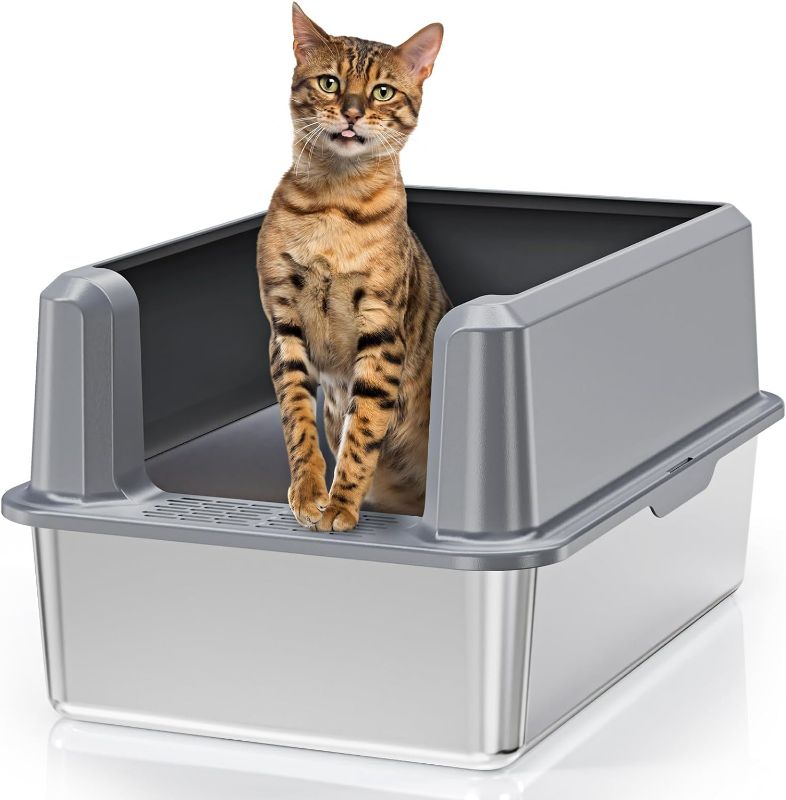 Photo 1 of Suitfeel Enclosed Stainless Steel Litter Box, XL Metal Litter Box with High Side, Extra Large Litter Box for Big Cats, Easy Clean Kitty Litter Box Non-Stick, Anti-Leakage