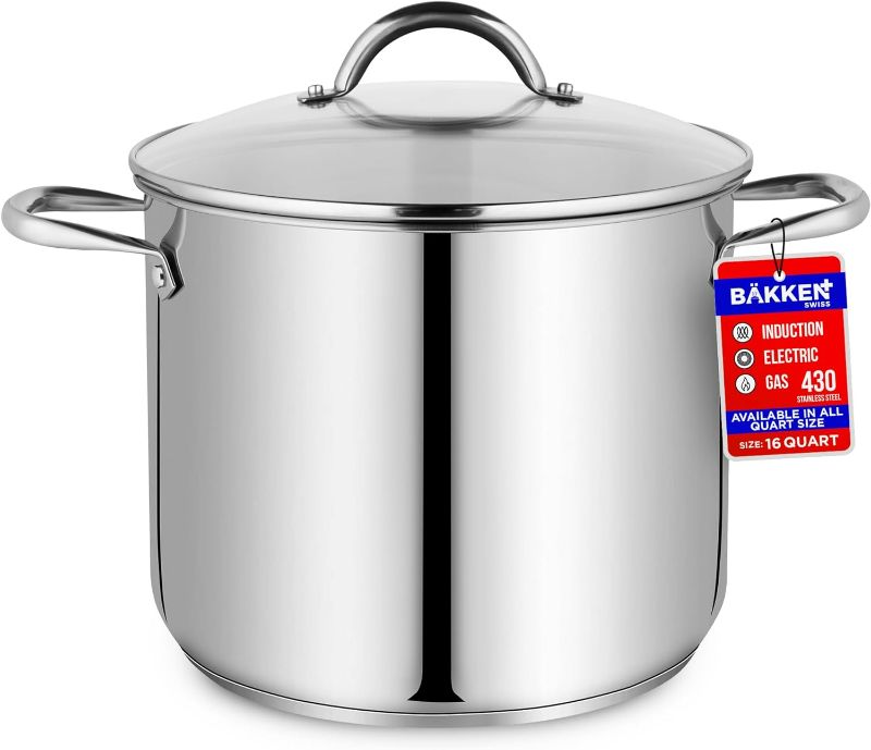 Photo 1 of Bakken-Swiss Deluxe 16-Quart Stainless Steel Stockpot w/Tempered Glass See-Through Lid - Simmering Delicious Soups Stews & Induction Cooking - Exceptional Heat Distribution - Heavy-Duty & Food-Grade