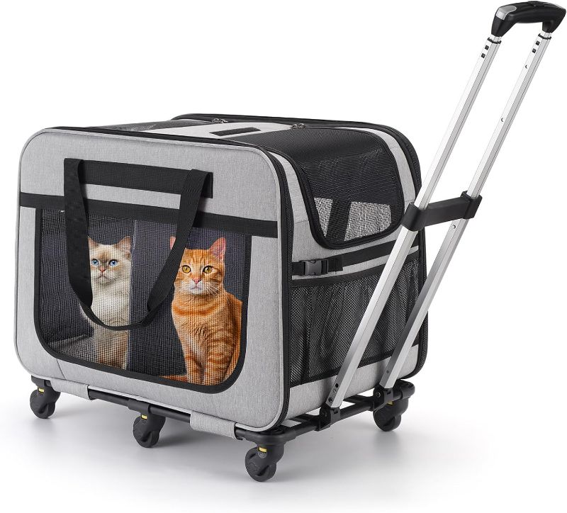 Photo 1 of HOVONO Extra Large Pet Carrier with Wheels for Small Dogs and All-Breed Cats, Cat Rolling Carrier for up to 4 Cats, Support up to 40 Lbs, Grey