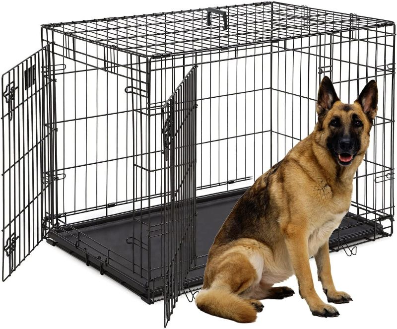 Photo 1 of 48-Inch Double Door Folding Metal Dog Crate with Divider and Leak-Proof Pan - For Medium to Large Breed Dogs