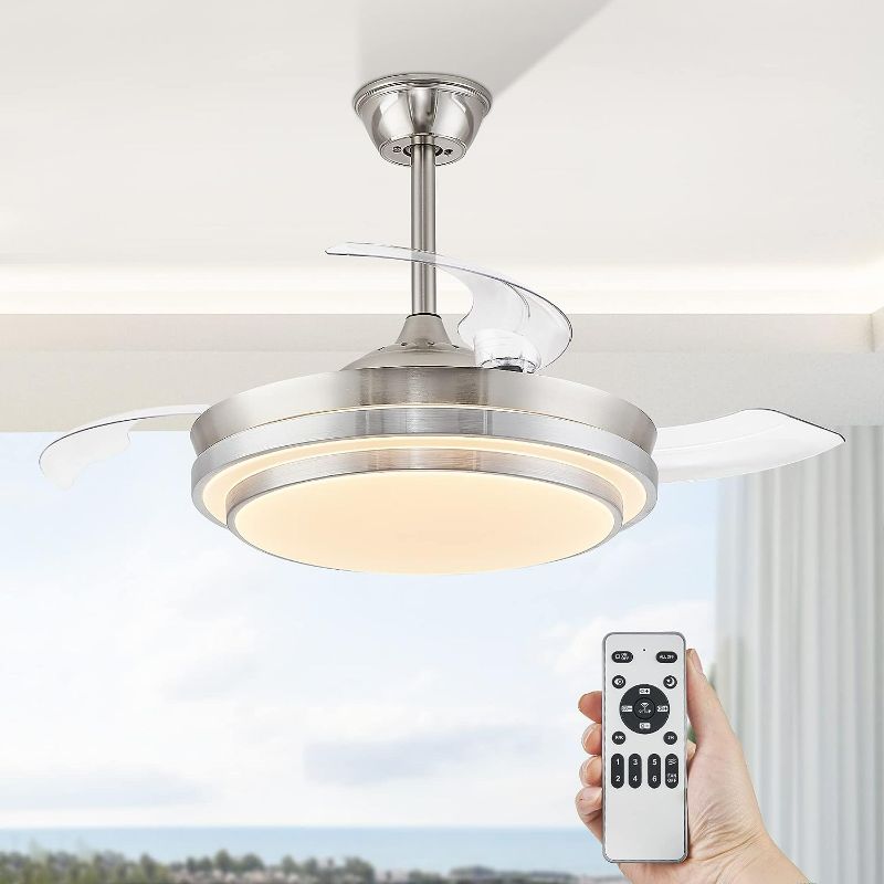 Photo 1 of LEDIARY Retractable Ceiling Fans with Lights and Remote, 42 Inch Bladeless Ceiling Fans with LED Lighting, Smart Modern Ceiling Fan, Stepless Color Changeable, Dimmable, Timer Setting - Brush Nickel