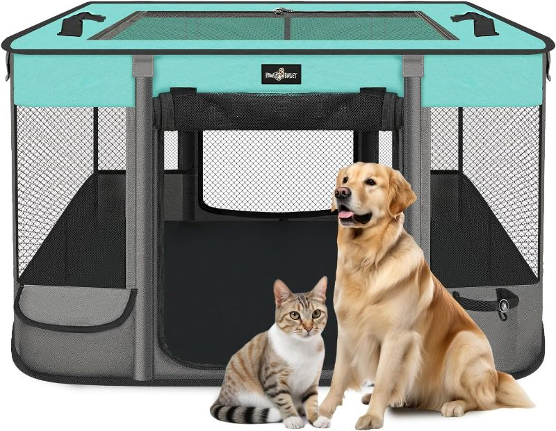 Photo 1 of Foldable Pet Kitten Playpen, Waterproof Portable Pet Cat Dog Playpen Kennel Tent for Small Dog Cat, Removable Shade Cover, Come with Free Carrying Case, Indoor Outdoor Use for Small Animals, BlackTeal