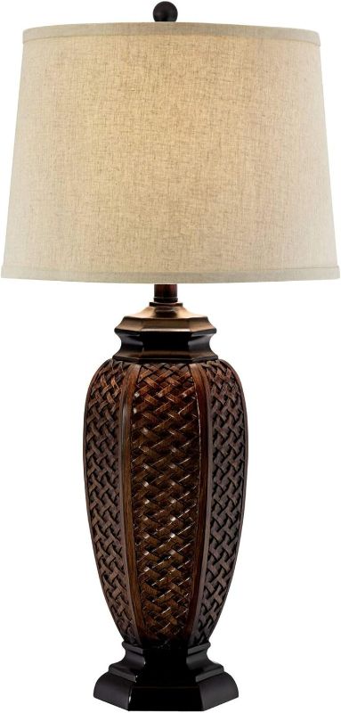 Photo 1 of Regency Hill Country Cottage Tropical Style Table Lamp 29" Tall Brown Woven Wicker Pattern Beige Linen Drum Shade Decor for Living Room Bedroom House Home Dining Office Reading Entryway 