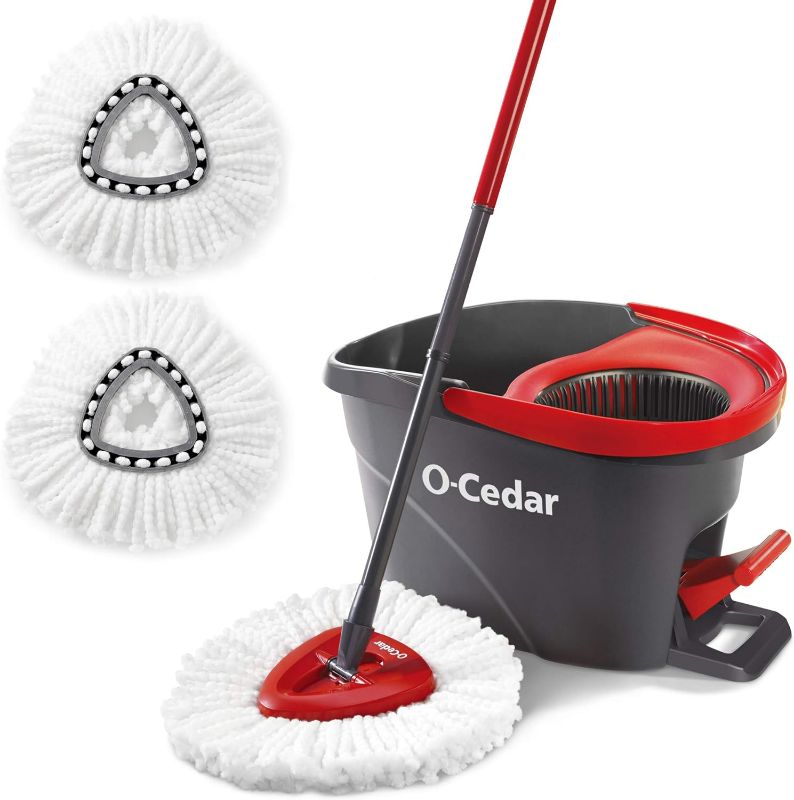 Photo 1 of O-Cedar EasyWring Microfiber Spin Mop & Bucket Floor Cleaning System + 2 Extra Refills, Red/Gray