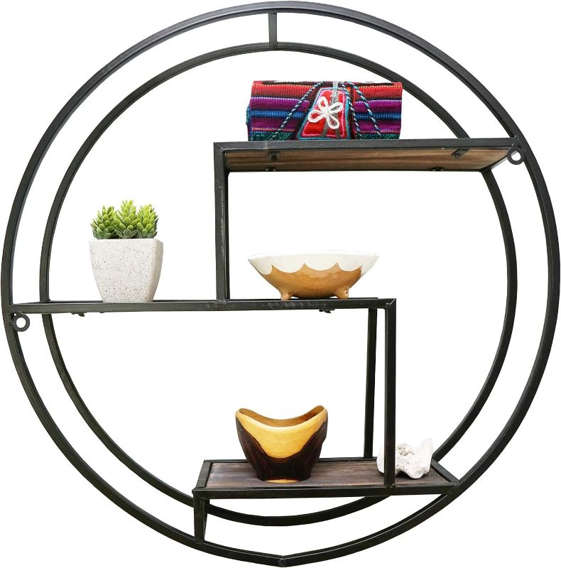 Photo 1 of Admired By Nature Mounted Iron Hanging Storage Floating Shelves Wall Shelf, Round Black Large Brown Wooden Round