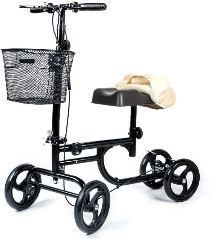 Photo 1 of  Knee Walker for Leg and Foot Injuries with Dual Brakes, Metal Basket & Knee Pad Cover – Collapsible and Adjustable Knee Scooter, Broken Leg Caddy, Better Alternative to Crutches