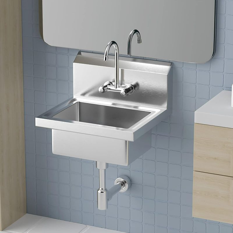 Photo 1 of Bonnlo Commercial Sink Hand Washing Basin Stainless Steel Hand Sink with Hot&Cold Faucet, Wall Mount Utility Sink with Drainer Heavy Duty Hand Wash Sink for Commercial Restaurant Home Kitchen Workshop