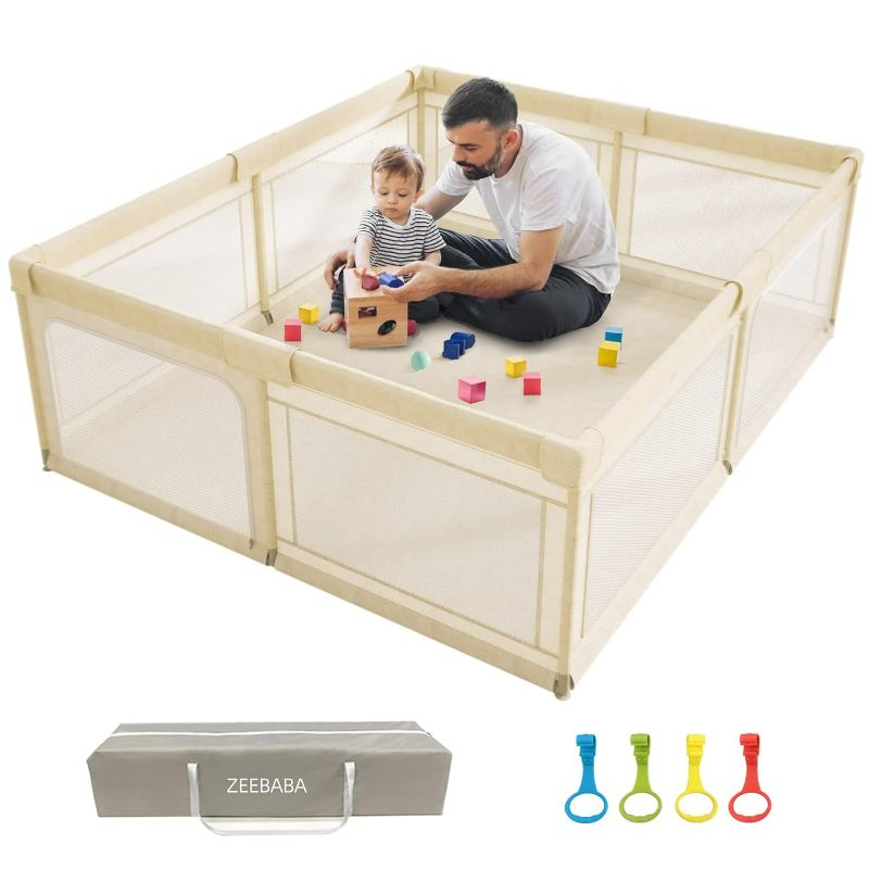 Photo 1 of Baby Playpen, Playpen for Babies and Toddlers, Extra Large Playpen, Play pens for Babies and Toddlers (59 * 59 Beige playpen Without mat)