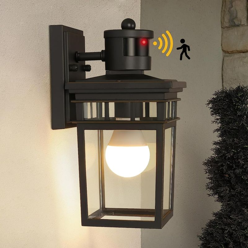 Photo 1 of Motion Sensor Outdoor Wall Lantern, Dusk to Dawn Sensor Exterior Wall Light Fixture Outdoor Wall Sconce with Glass Shade Motion Activated Porch Light Fixture for Doorway, Garage, LED Bulb Included