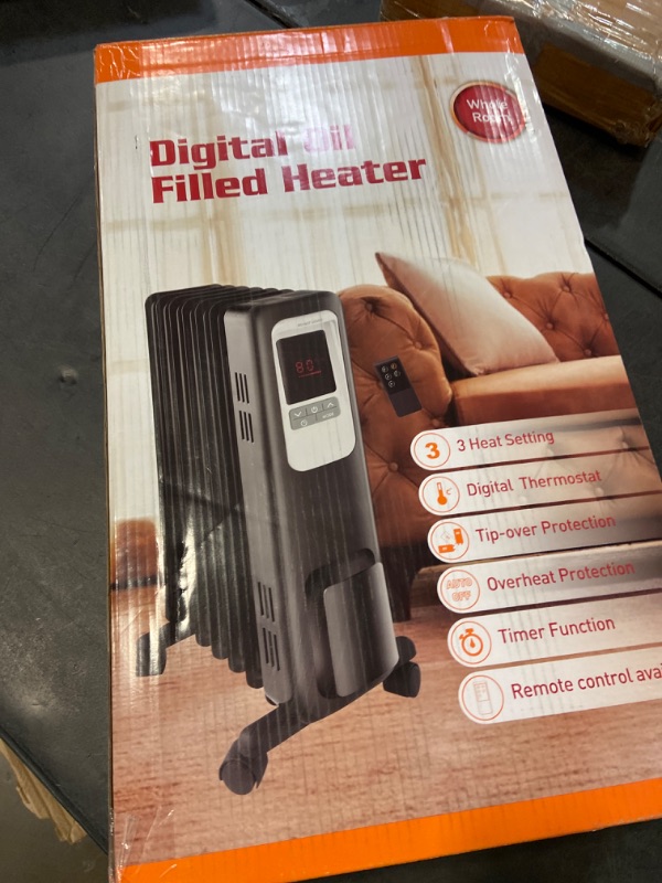Photo 1 of Space Heater, KopBeau 1500W Oil Filled Radiator Electric Heater with Digital Thermostat, 24 Hrs Timer & Remote, Portable Heater for Full Room Indoor Black