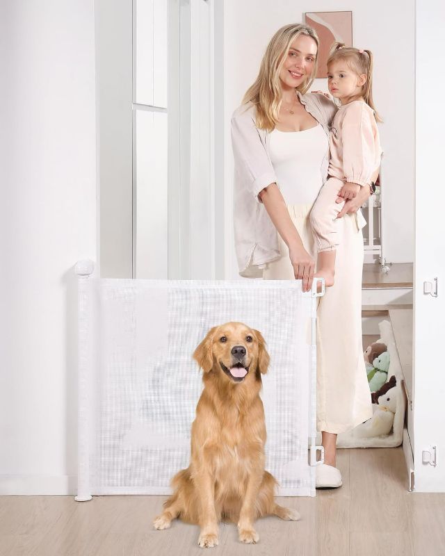 Photo 1 of Likzest Retractable Baby Gate, Mesh Baby and Pet Gate 33" Tall, Extends up to 55" Wide, Child Safety Baby Gates for Stairs Doorways Hallways, Dog Gate Cat Gate for Indoor and Outdoor (White)