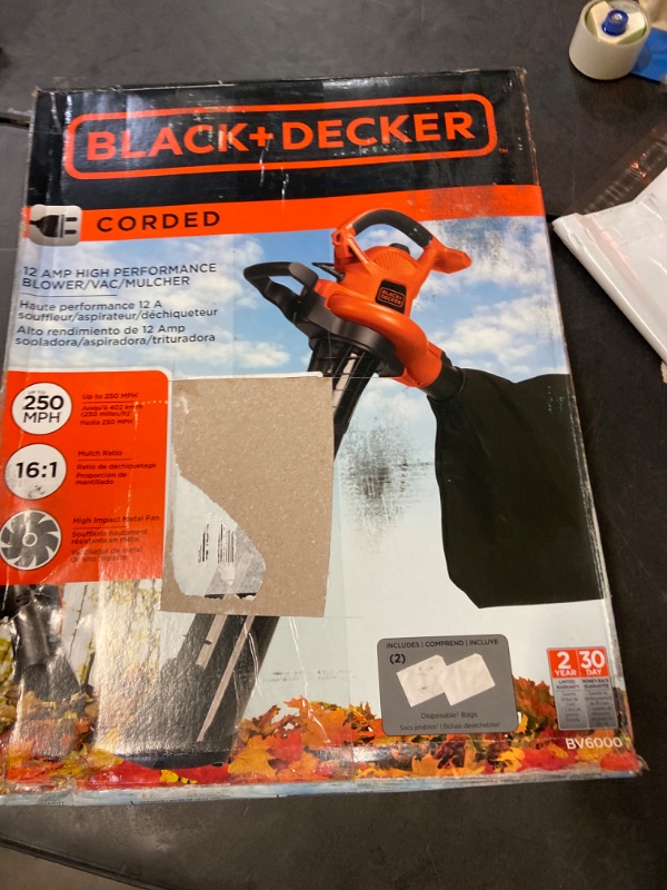 Photo 3 of BLACK+DECKER Leaf Blower & Leaf Vacuum, 3-in-1, 12-Amp, 250-MPH, 400-CFM (BV6000)