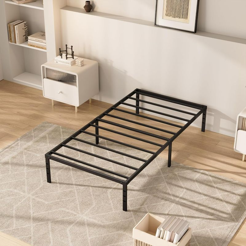 Photo 1 of MISAGI Twin 18inch Metal Bed Frame No Box Spring Needed, Heavy Duty Metal Platform with Tool Free Setup, Black, Durable, Suitable for Bedroom, Twin

