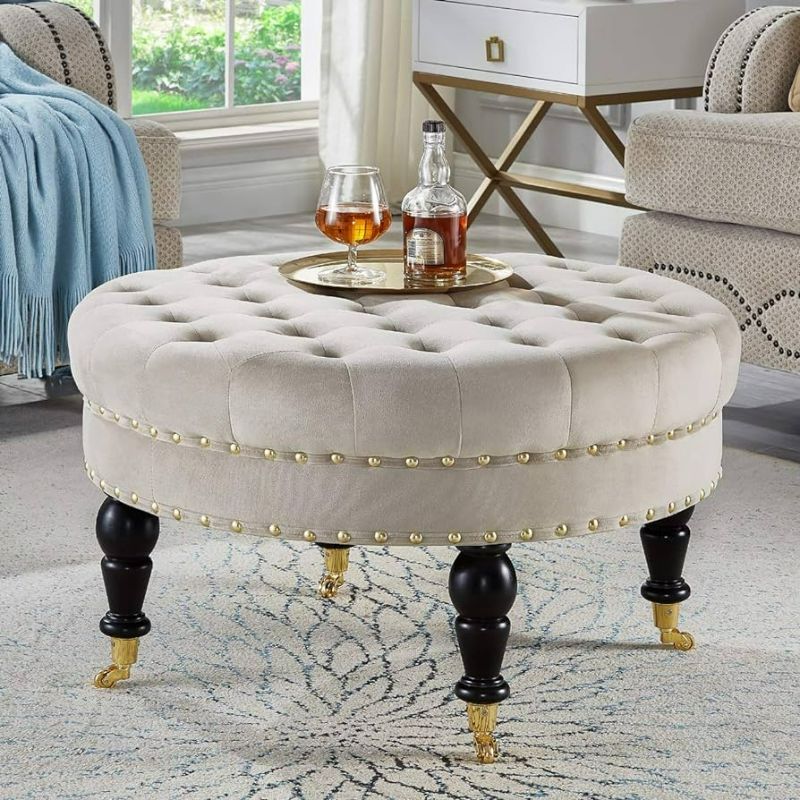 Photo 1 of 24KF Large Round Upholstered Tufted Button Velvet Ottoman Coffee Table, Large Footrest Bench with Golden Casters Rolling Wheels-Blush/Golden Round Ottoman Blush Round Ottoman