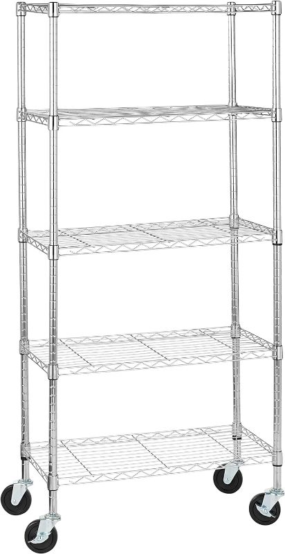 Photo 1 of Amazon Basics 5-Shelf Medium Adjustable, Heavy Duty Storage Shelving Unit on 4'' Wheel Casters, Metal Organizer Wire Rack, Chrome, 30" L x 14" W x 64.8" H