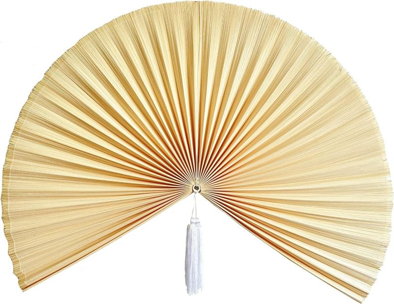 Photo 1 of ChicnChill Large Oriental Wall Fan, Beige Giant Bamboo Fan with Tassel, Oriental Woven Wall Hanging, Decorative Fan Above Bed, Rustic Wall Pediment for Home Decor, Handmade with Bamboo - 47''x23.5''