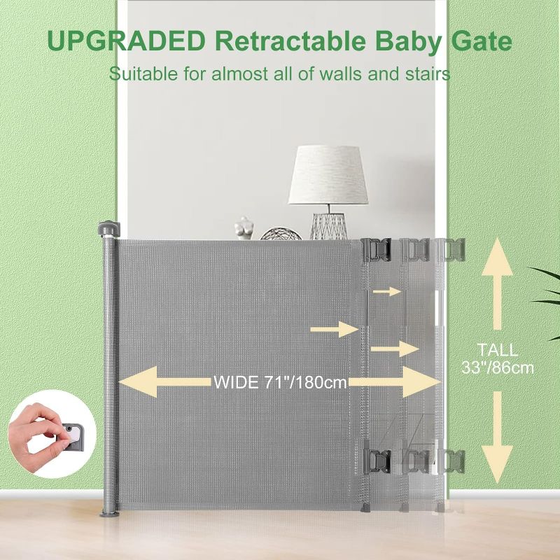 Photo 1 of Retractable Baby Gate, Extra Wide Safety Kids or Pets Gate, 33” Tall, Extends to 71” Wide, Mesh Safety Dog Gate for Stairs, Indoor, Outdoor, Doorways, Hallways(33”x71”- Grey)