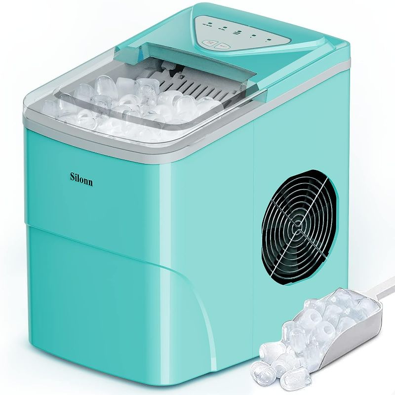 Photo 1 of Silonn Ice Makers Countertop, 9 Cubes Ready in 6 Mins, 26lbs in 24Hrs, Self-Cleaning Ice Machine with Ice Scoop and Basket, 2 Sizes of Bullet Ice for Home Kitchen Office Bar Party, Green