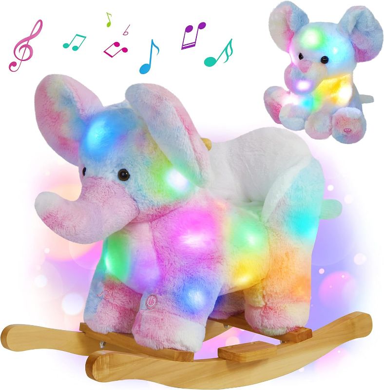 Photo 1 of Glow Guards Light up Musical Elephant Baby Rocking Horse Set of 2 with Rainbow Elephant Plush Toy Baby Wooden Chair for Toddlers Girls and Babies Age 1-3 (Elephant)