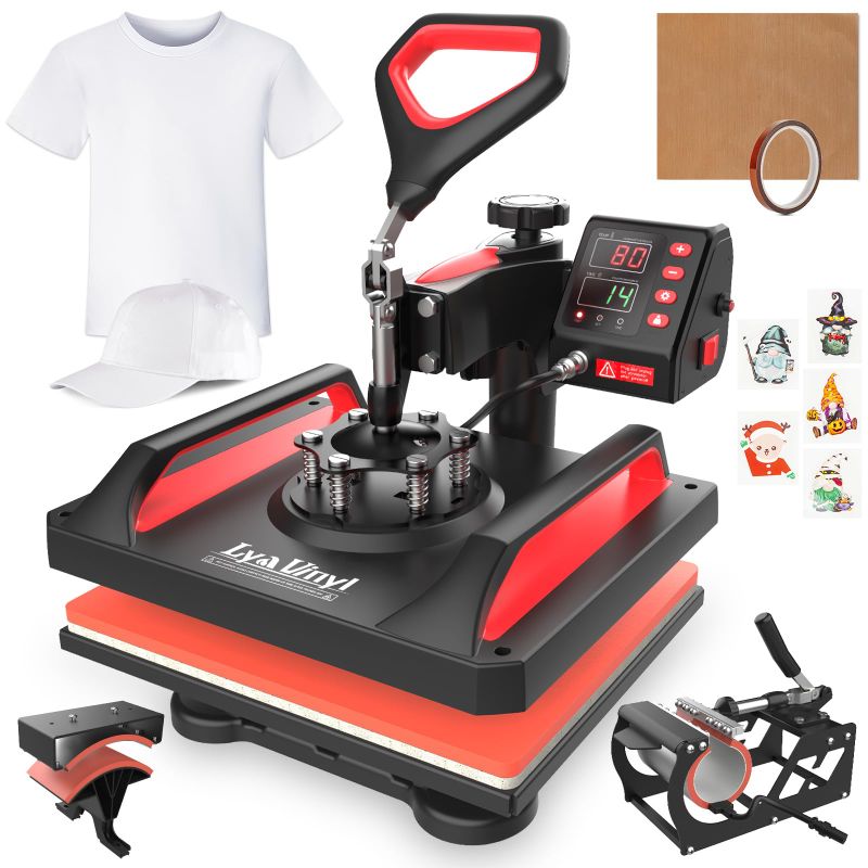 Photo 1 of Heat Press, Lya Vinyl 5 in 1 Heat Press Machine - 12 x 15 inch Combo Swing Away T-Shirt Sublimation Transfer Printer, Including Mug and Hat Accessories