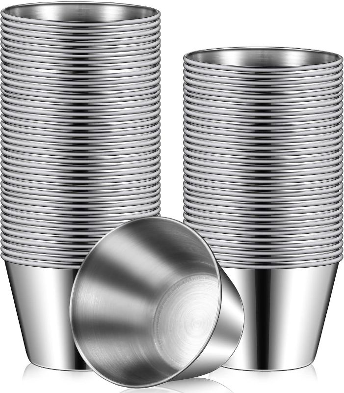 Photo 1 of Potchen 60 Pcs Stainless Steel Sauce Cups 2.5 oz Round Condiments Ramekins Individual Condiment Cups Metal Dipping Bowls
