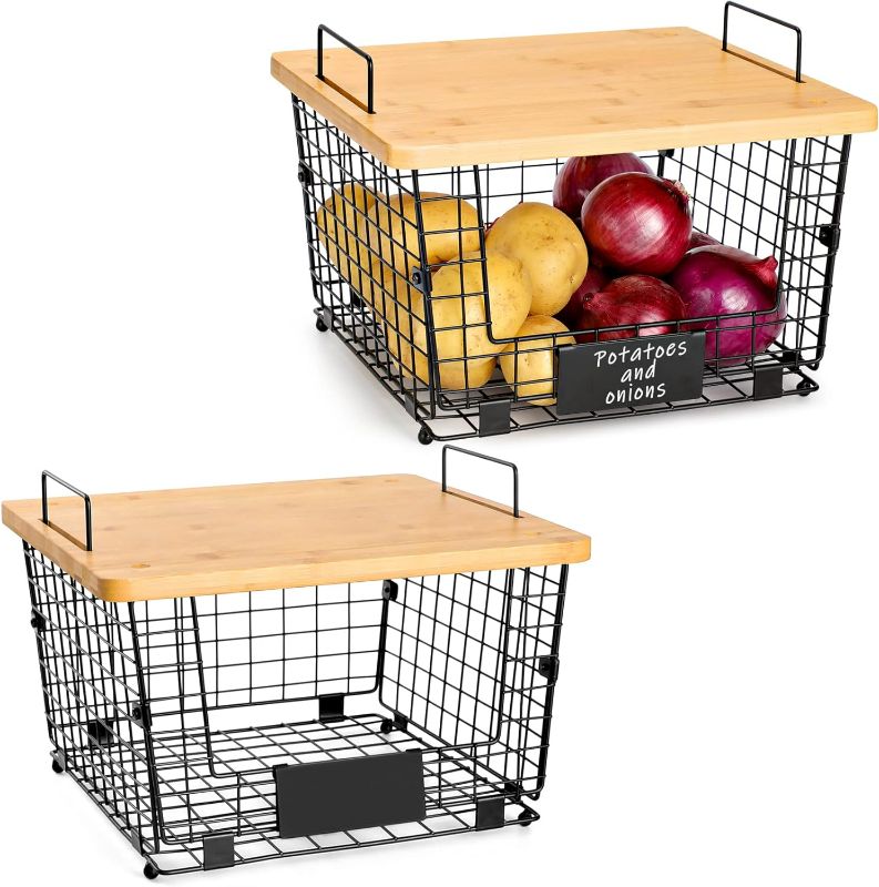 Photo 1 of 2 Set Stackable Wire Basket with Bamboo Top -Kitchen Counter, Pantry Organization and Storage - Cabinet, Shelf, Countertop Space Saving Organizing - Produce, Fruit, Onion, Potato, Bread Organizer Bin
