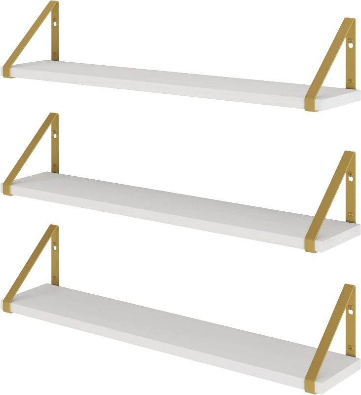 Photo 1 of Wallniture Ponza White Floating Shelves for Wall, 24" Wall Shelves for Living Room Decor, Bedroom, Bathroom, Home Office Shelves with Gold Color Brackets