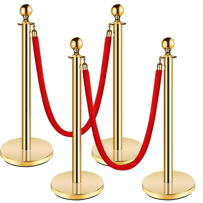 Photo 1 of Gold Crowd Control Stanchions, Red Velvet Rope Stanchion Set, Stanchion Posts Queue Pole with 5 ft/1.5 m Red Velvet Rope - Stanchions and Velvet Ropes for Movie Theater (38 Inch, 4Pcs)