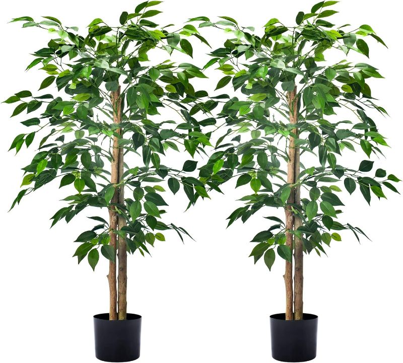 Photo 1 of HAIHONG 2Packs 4FT Artificial Ficus Trees with Realistic Leaves and Natural Trunk, Faux Ficus Tree with Sturdy Plastic Nursery Pot, Fake Ficus Tree for Office Home Farmhouse for Indoor Outdoor Decor