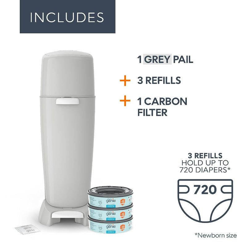 Photo 1 of Diaper Genie Complete Diaper Pail (Grey) with Odor Control | Includes 1 Diaper Trash Can, 3 Refill Bags, 1 Carbon Filter, 4 Piece Set