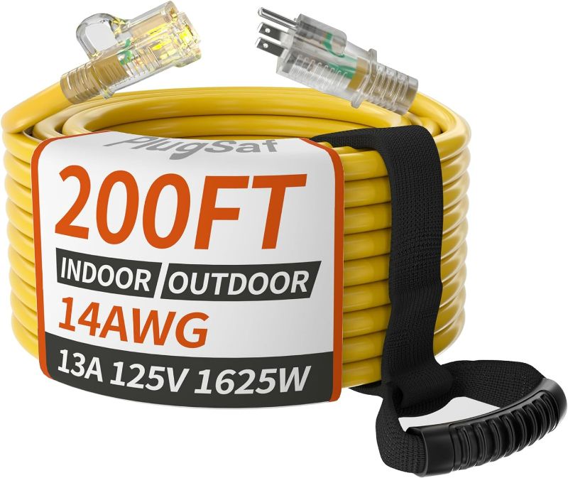 Photo 1 of 14/3 Gauge Yellow Outdoor Extension Cord 200 ft Waterproof with Lighted Indicator, Cold Weatherproof -40°C, Flexible 3 Prong Extension Cord Outside,13A 1625W 14AWG SJTW, ETL Listed