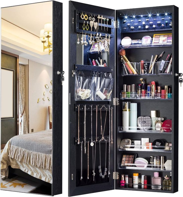 Photo 1 of YOKUKINA LED Jewelry Cabinet Armoire Wall&Door Mounted - Full length Dressing Mirror w/Large Storage Lockable Organizer(Black)