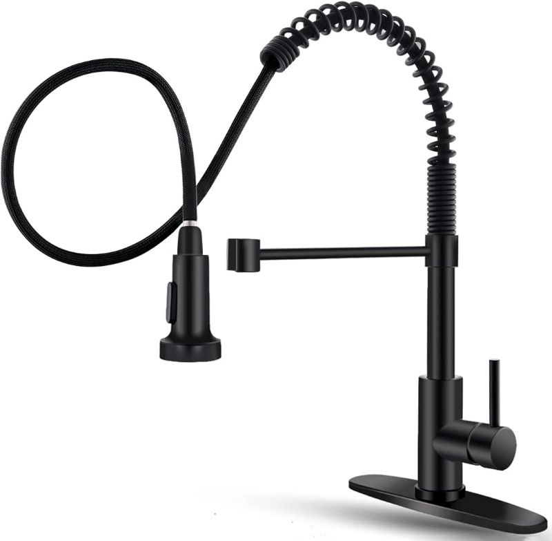 Photo 1 of OWOFAN Black Kitchen Faucet with Pull Down Sprayer Stainless Steel Single Handle Pull Out Spring Sink Faucets 1 Hole Or 3 Hole Dual Function for Farmhouse Camper Laundry Utility Rv Wet Bar
